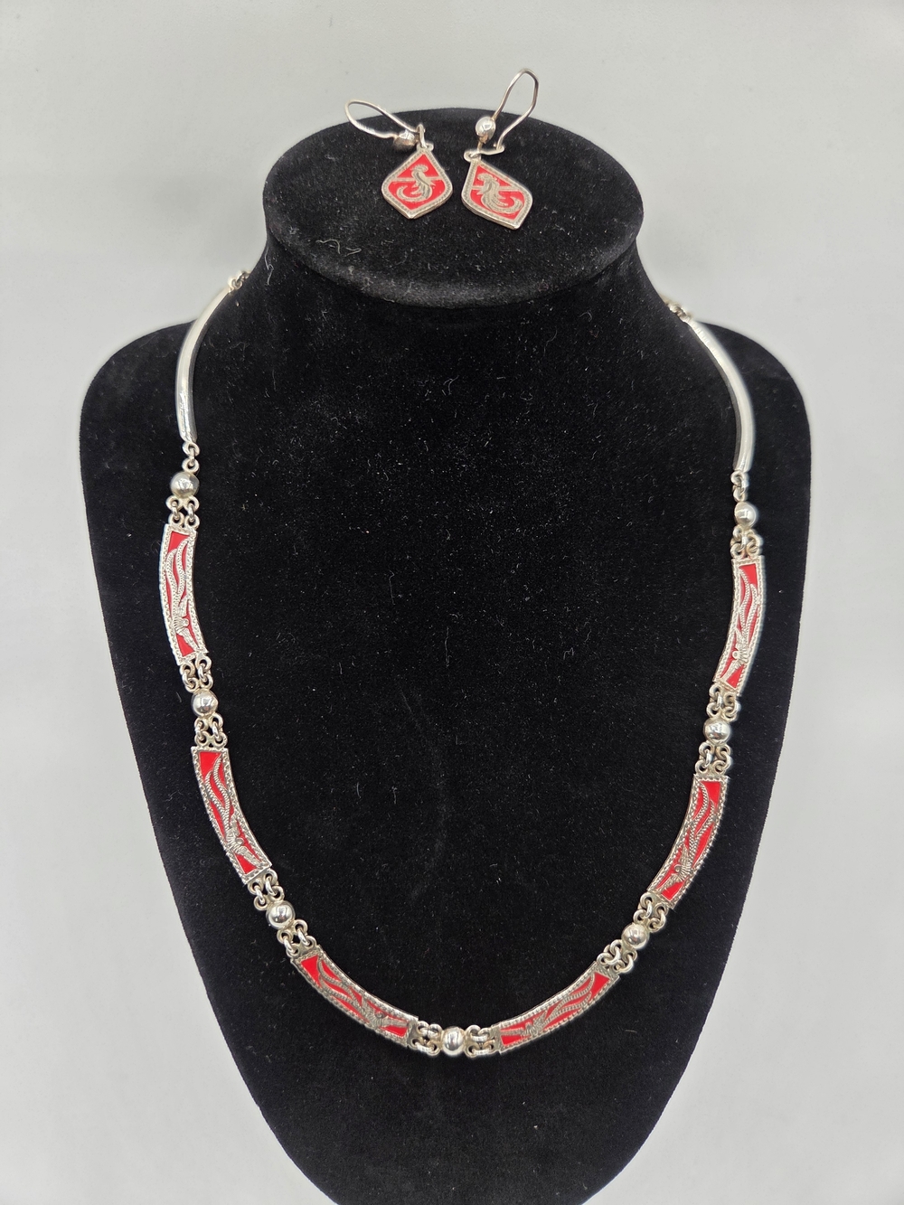 Women's Red Enamel Silver Necklace & Earrings Set